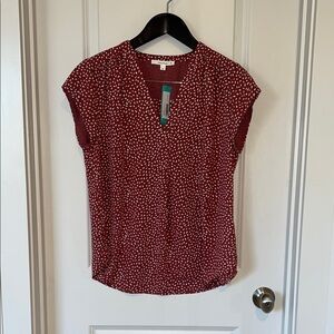 fun 2 fun Burgundy Dot Print V-Neck Blouse
